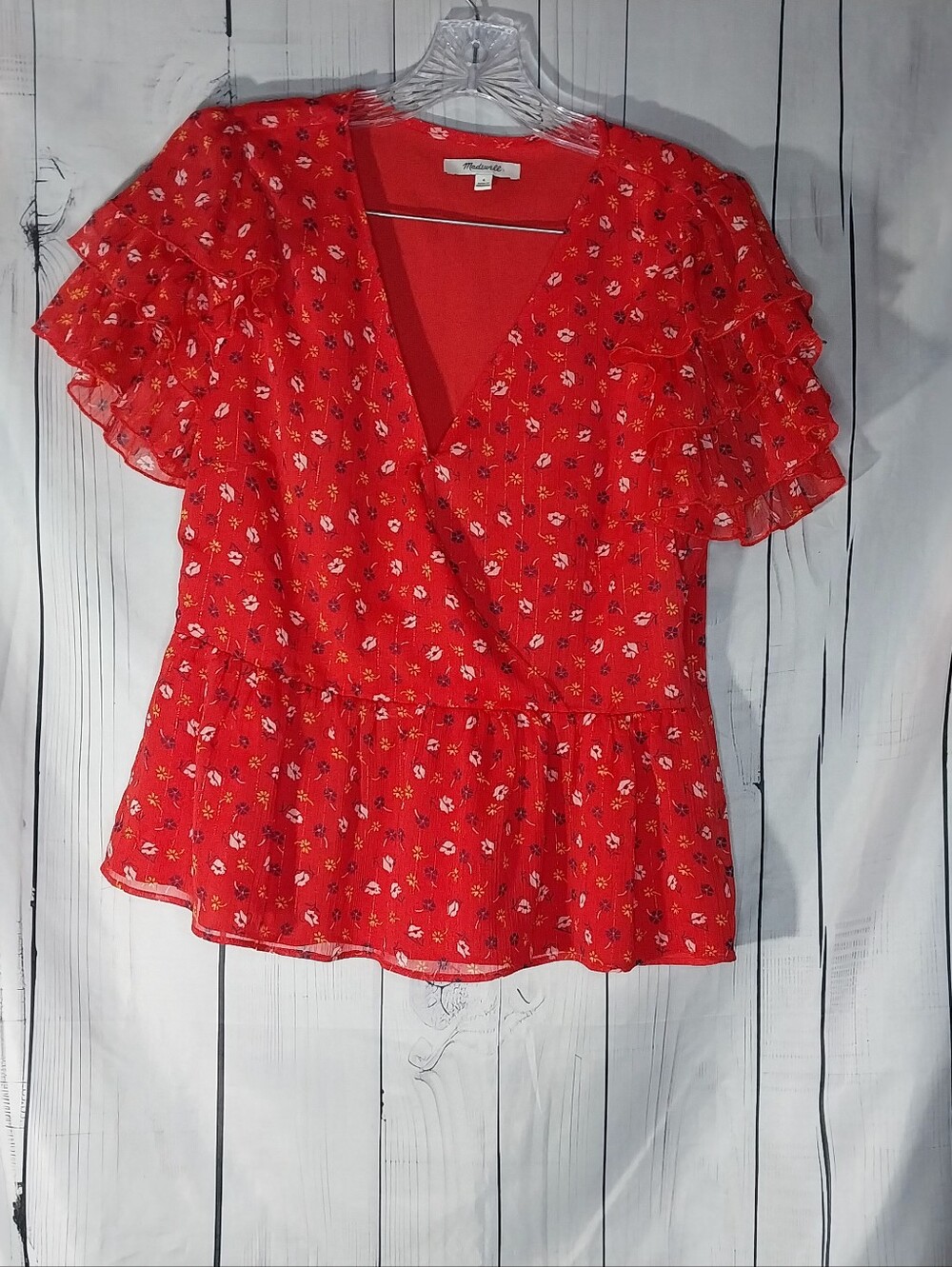 Madewell Red Floral Prairie Posies Tiered-Sleeve Peplum Holiday Date Night Top